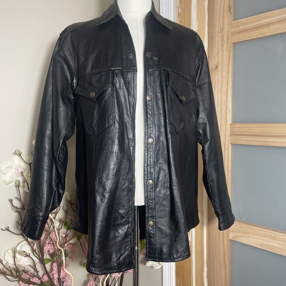 Wild Rider Black Leather Jacket Men XL Snap Front Western Trucker Overshirt